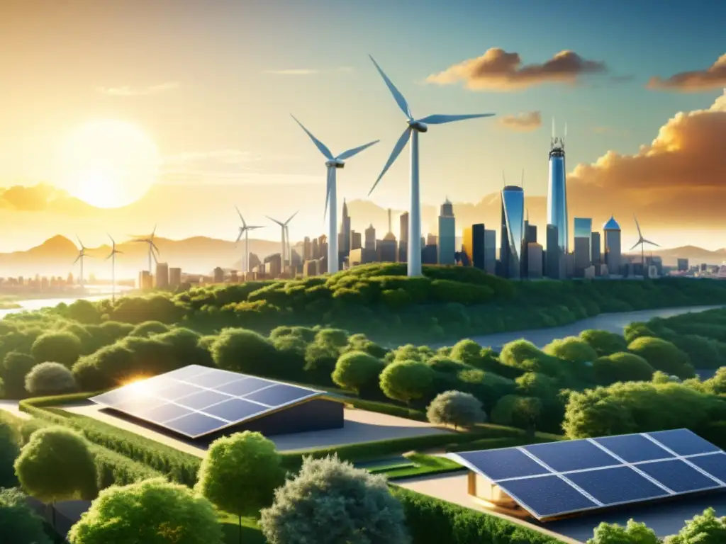 Horizonte urbano sostenible con energía limpia y naturaleza Un paisaje urbano con tecnología futurista y naturaleza integrada, iluminado por luz dorada