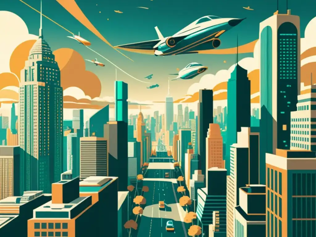 Un paisaje urbano vintage con elementos futuristas y crecimiento exponencial de la IA integrada en la vida diaria