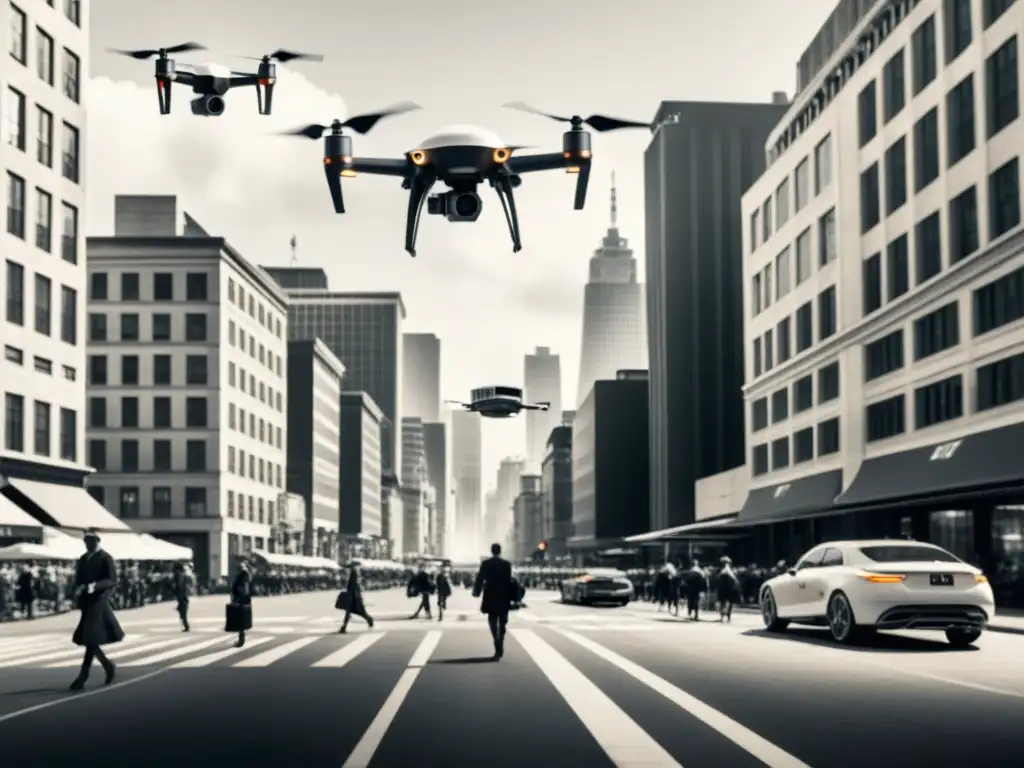 Contraste urbano: dron de entrega en escena vintage Un paisaje urbano vintage con un zumbido de actividad diaria