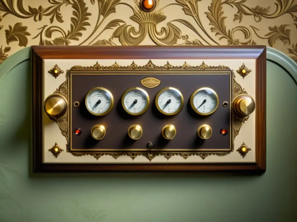 Panel de control vintage para domótica en casa, con detalles en latón y luces indicadoras, evocando artesanía y sofisticación