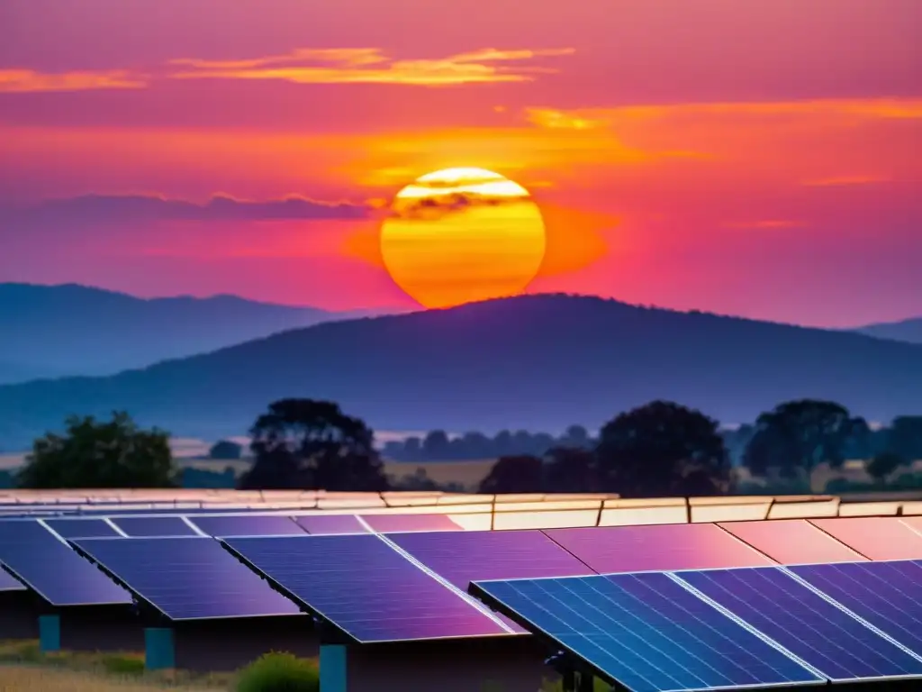 Un panel solar moderno en contraste con un atardecer vibrante, evocando los beneficios de los paneles solares