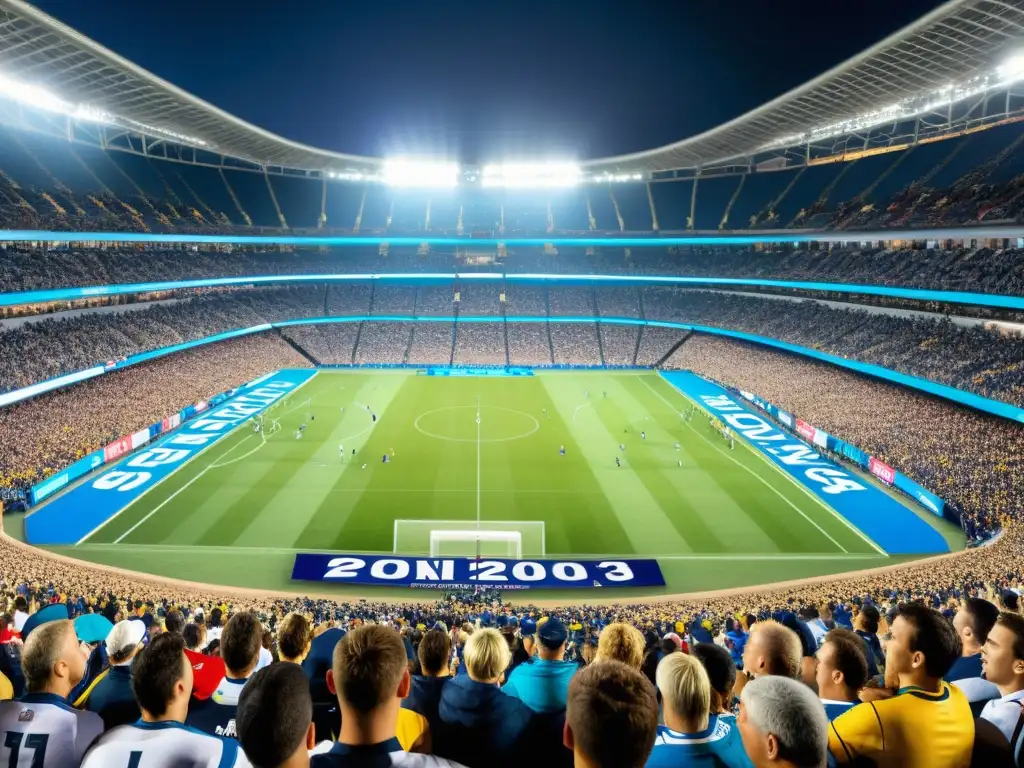 Panorámica ultrarresolución de estadio lleno durante evento histórico, capturando emoción y energía de la multitud