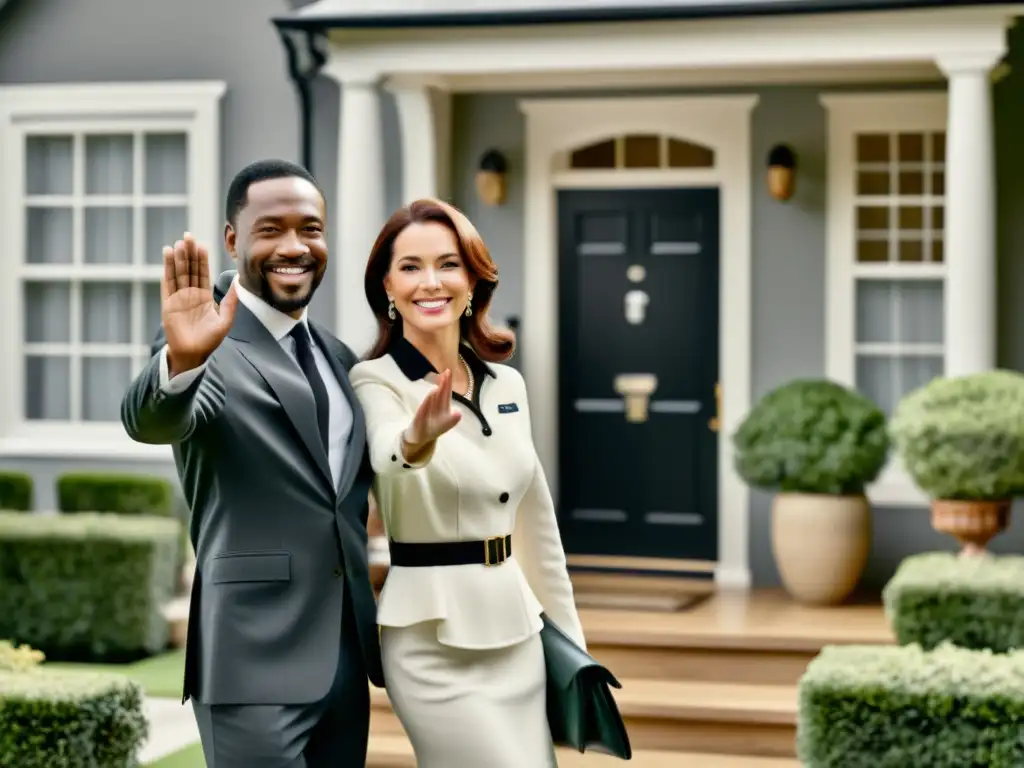 Una pareja sonriente y elegante saluda frente a su casa, con un sistema de seguridad integrado en el fondo