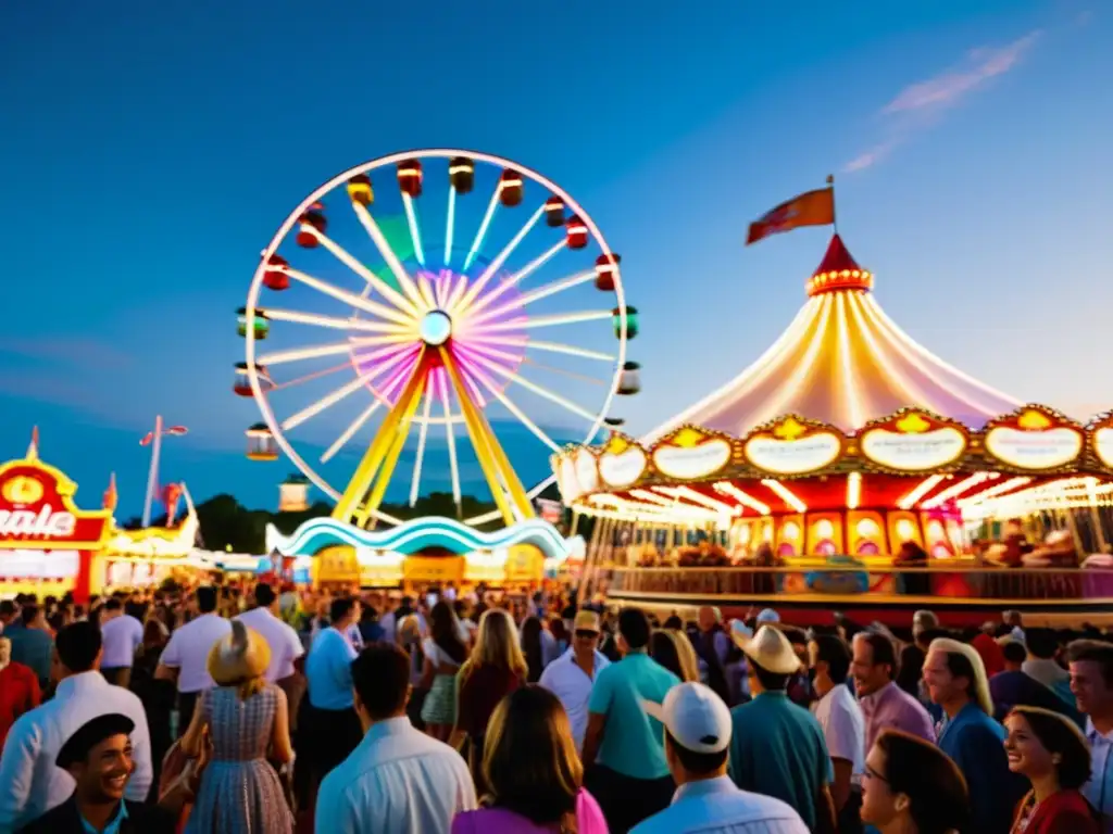 Un parque de atracciones vintage con tecnologías inmersivas, luces de neón y diversión, atrayendo a la multitud emocionada al anochecer