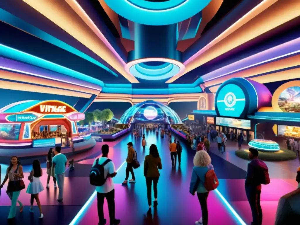 Parque temático futurista con tecnologías inmersivas, hologramas y atracciones interactivas, rodeado de visitantes y luces coloridas