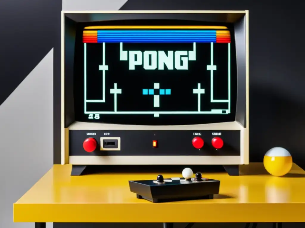 Partida de Pong en TV retro con joysticks en sala vintage