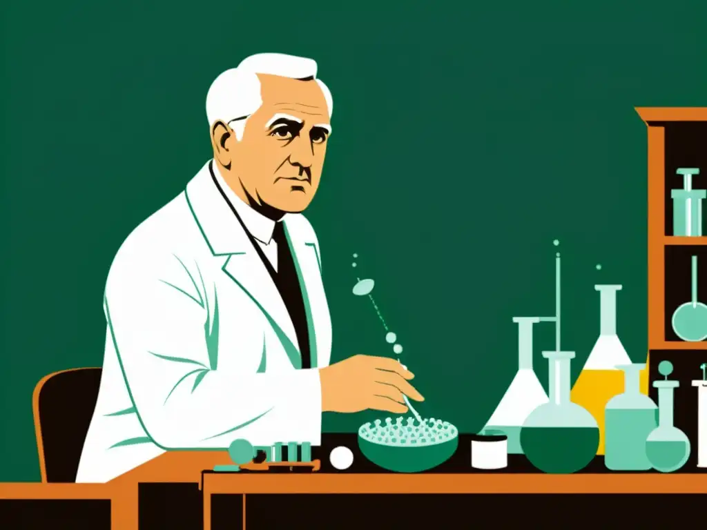 La ilustración vintage muestra a Alexander Fleming descubriendo la penicilina en su laboratorio, evocando su impacto histórico