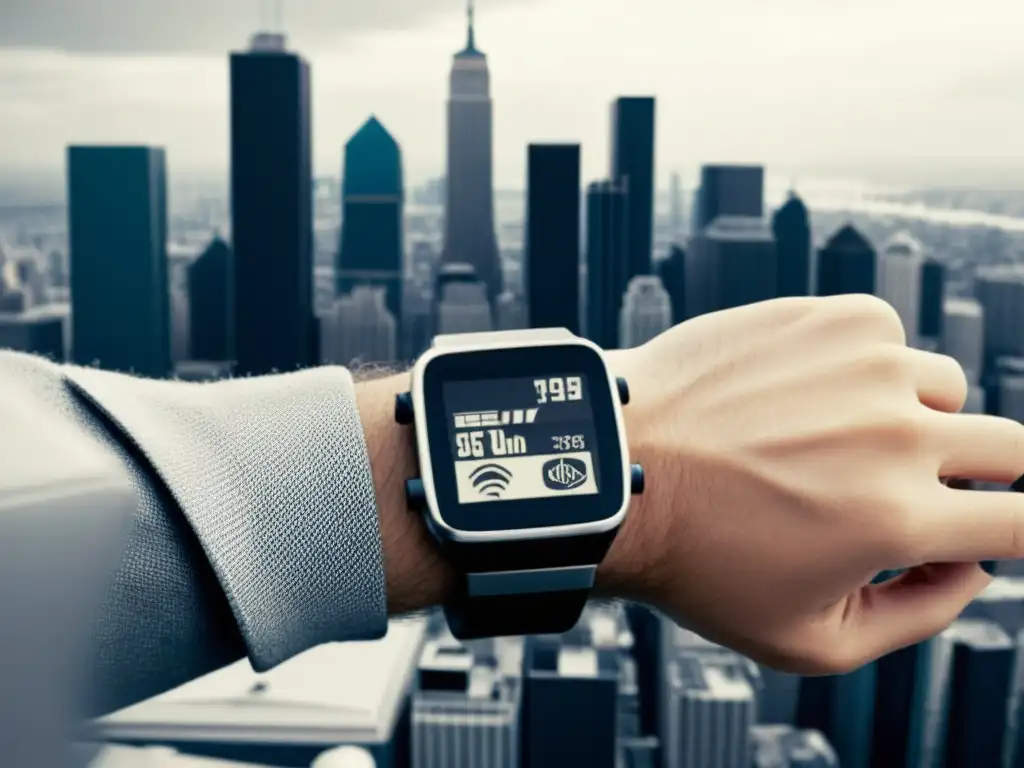 Persona de los 80 con smartwatch retro frente a la ciudad futurista