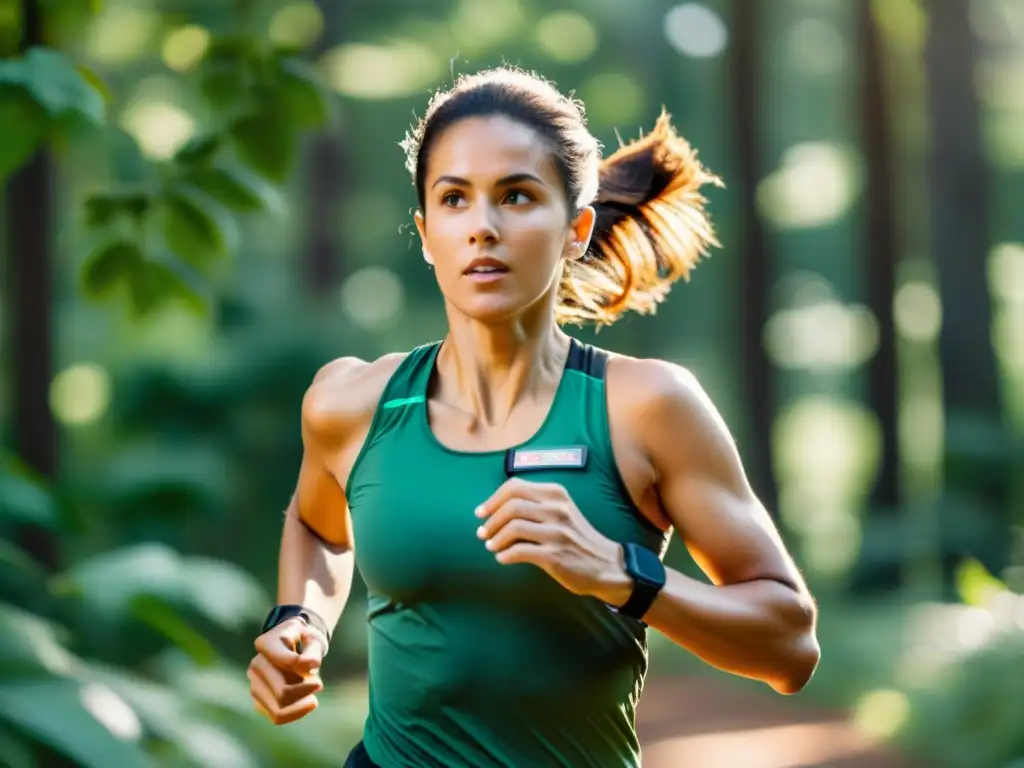 Persona corriendo al aire libre con monitor cardíaco vintage, rodeada de naturaleza