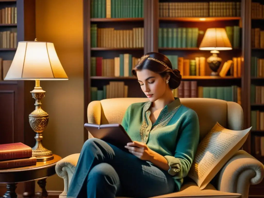 Persona disfrutando de los beneficios de la lectura digital en un acogedor rincón vintage rodeado de libros antiguos y una cálida lámpara