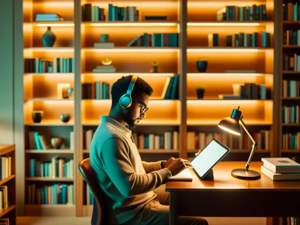 Persona leyendo en biblioteca virtual, abrazando conocimiento digital en atmósfera nostálgica y acogedora