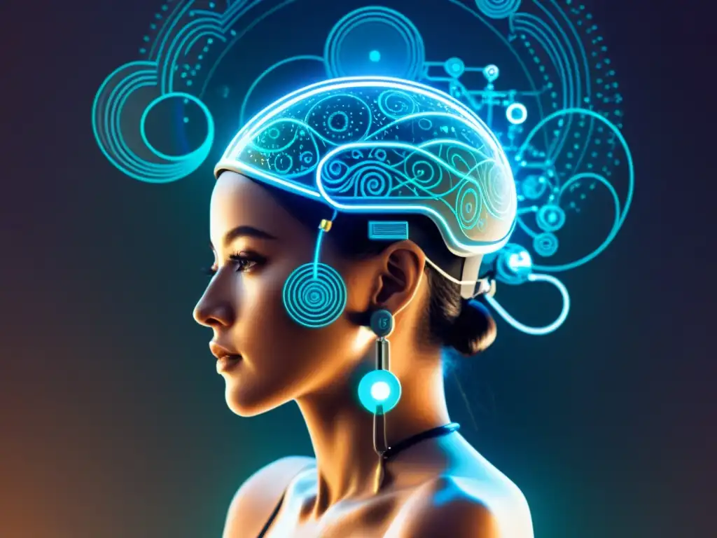 Persona en meditación con interfaz cerebrocomputadora: neurotecnología avanzada en ilustración vintage futurista