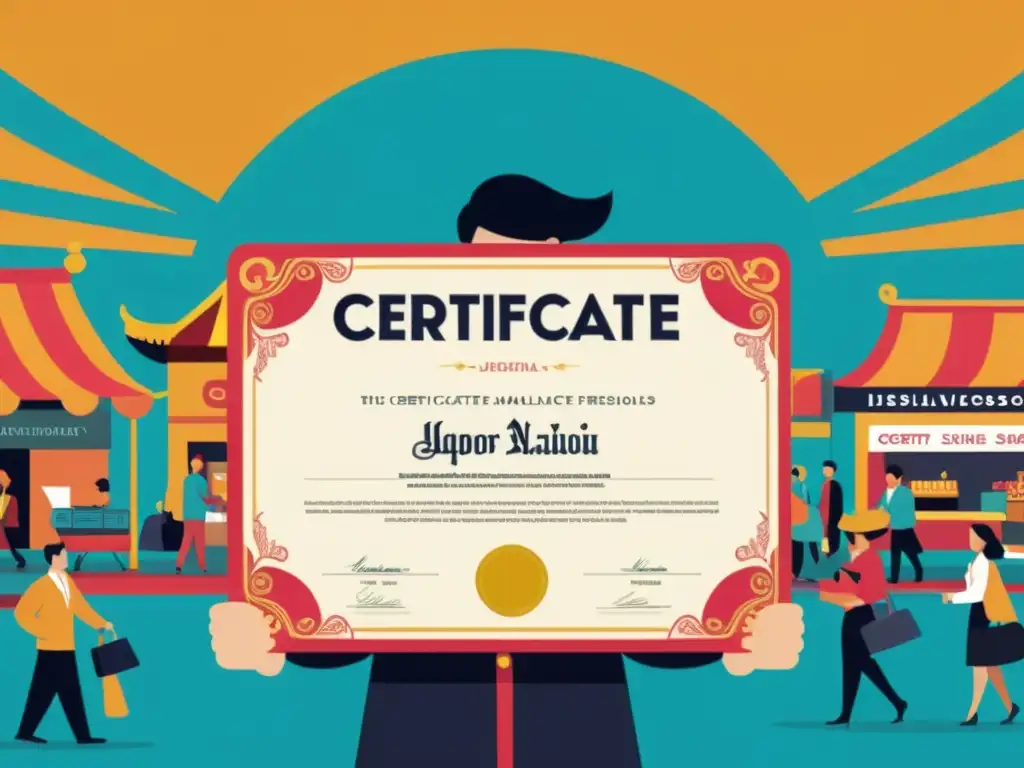 Persona con certificado digital en bullicioso mercado laboral, simbolizando oportunidades de certificados online