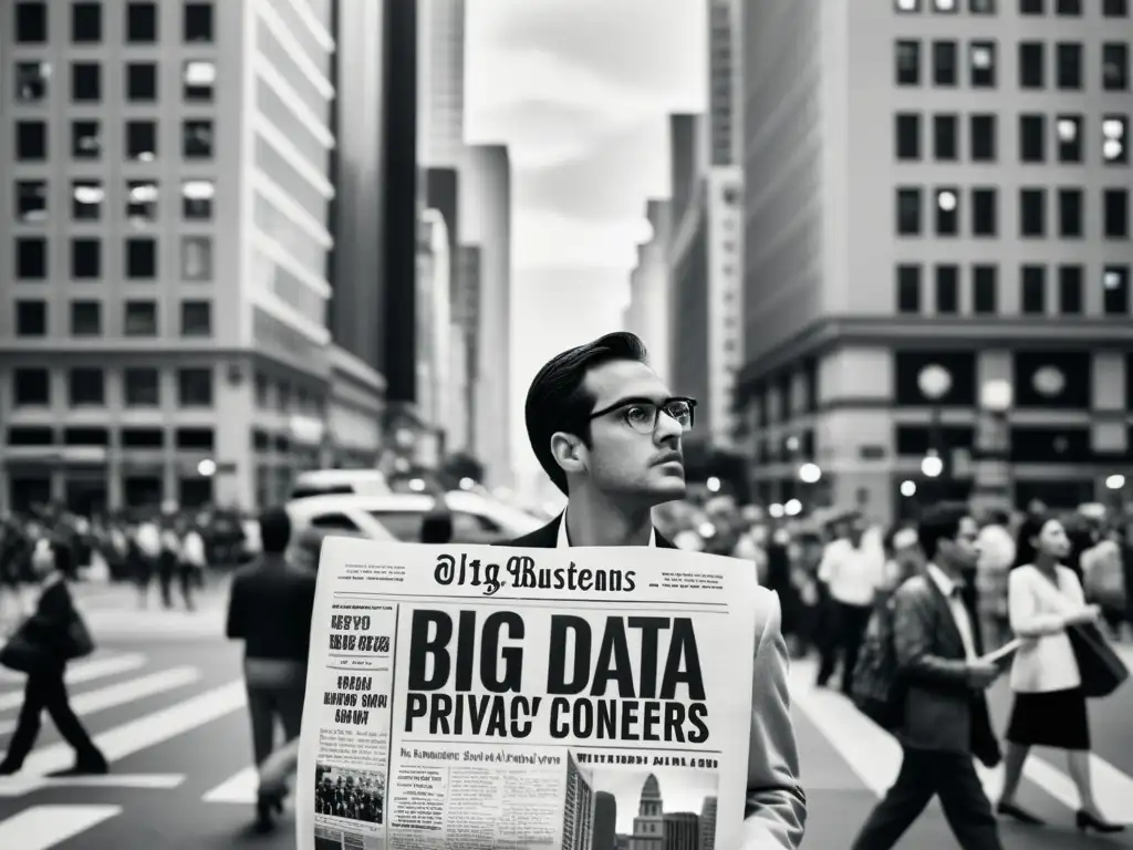 Persona en la ciudad con periódico 'Privacidad y conocimiento en Big Data' en mano, reflexionando sobre el bullicio urbano