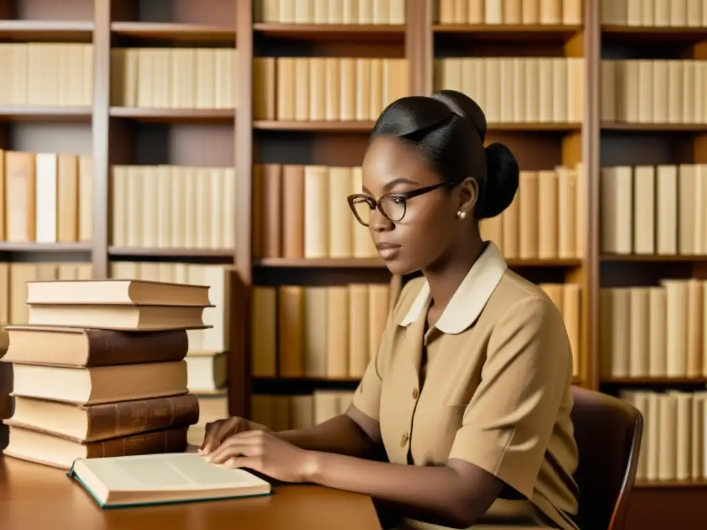 Persona concentrada en bibliotecas virtuales, rodeada de libros antiguos, usando una computadora