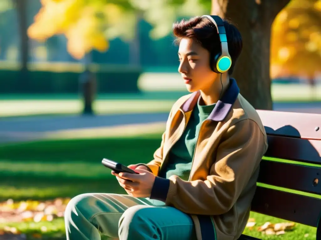 Persona disfrutando de una consola portátil redefiniendo gaming en un parque soleado y tranquilo