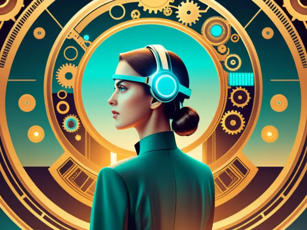 Una ilustración vintage de una persona usando un dispositivo wearable futurista, rodeada de intrincadas engranajes y maquinaria