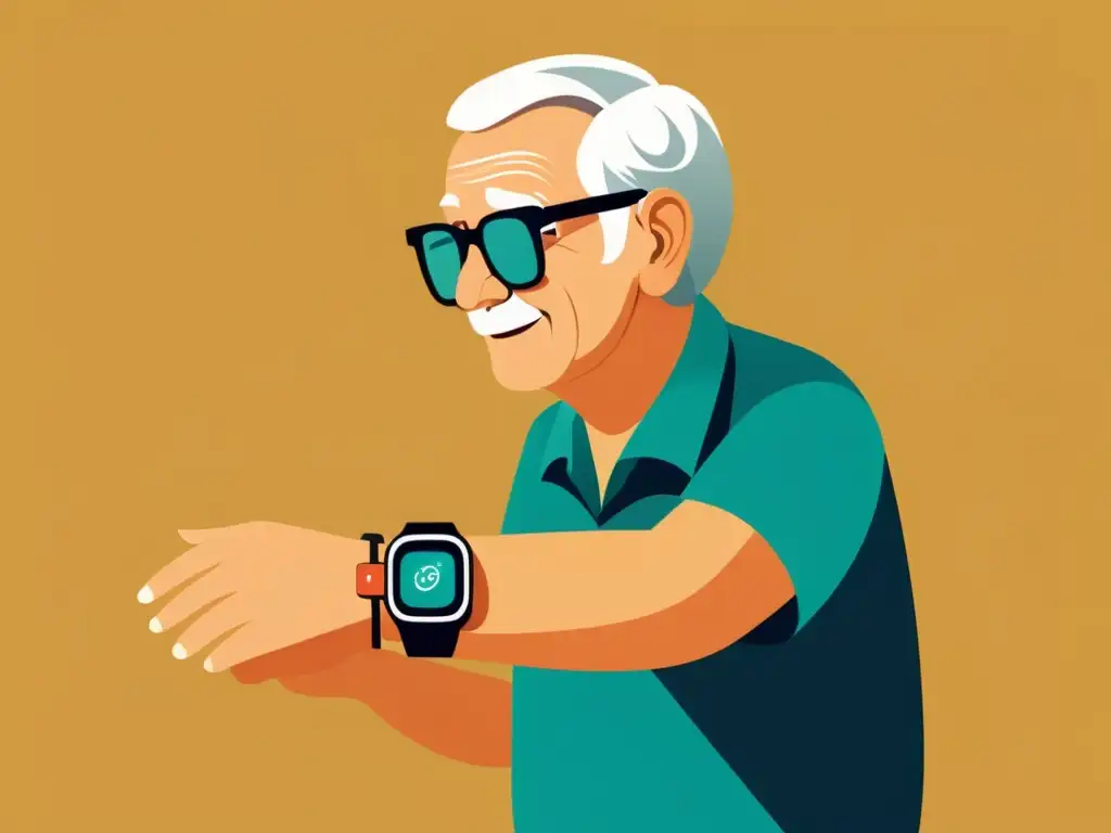 Una ilustración vintage de una persona mayor usando un dispositivo wearable, mostrando independencia y confianza