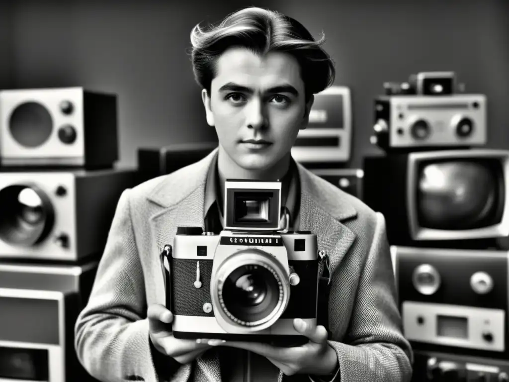 Persona emocionada sosteniendo una cámara digital antigua, rodeada de tecnología fotográfica temprana