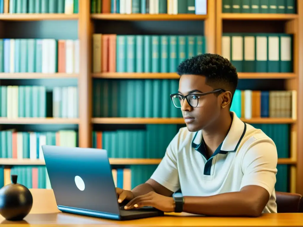 Persona enfocada en computadora rodeada de libros virtuales, evocando nostalgia por bibliotecas tradicionales y acceso al conocimiento digital