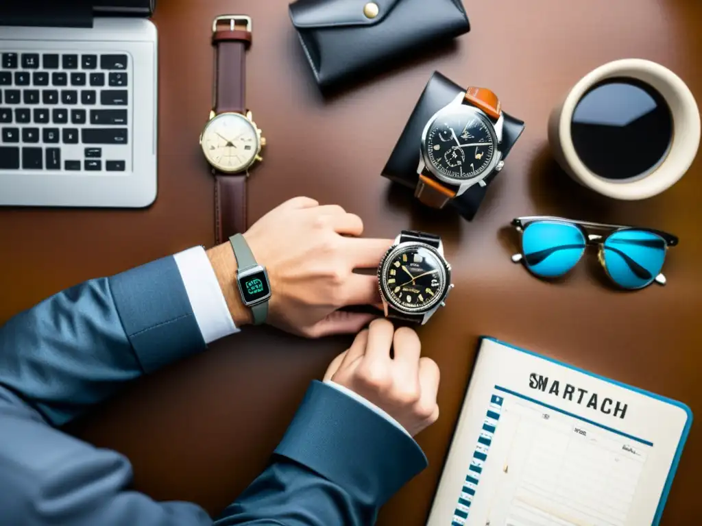 Persona en entorno profesional, usando relojes clásico y smartwatch, mostrando contraste entre gestión del tiempo tradicional y smartwatches