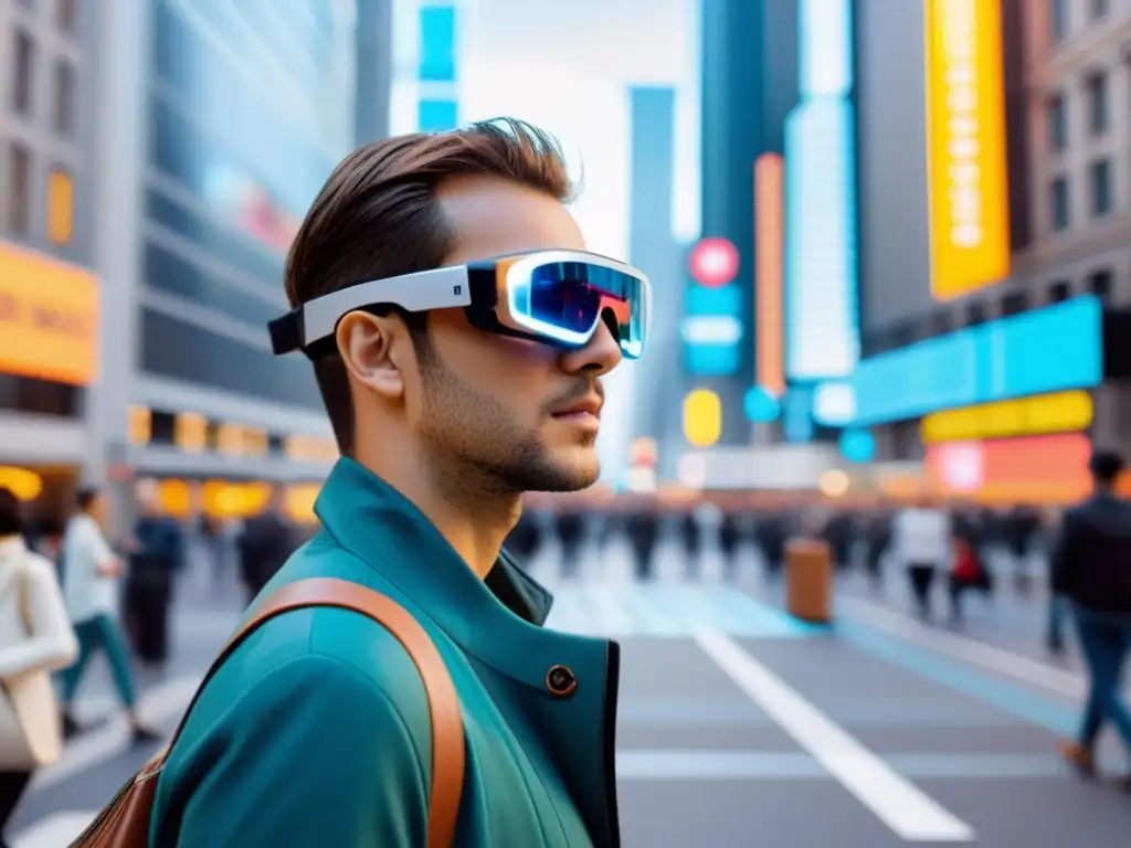 Persona con gafas de realidad aumentada en ciudad vibrante, transformando percepción del mundo