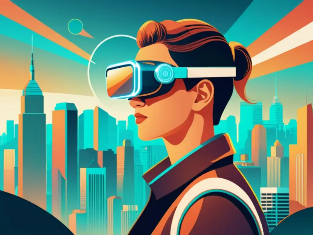 Una ilustración vintage de una persona con gafas de realidad aumentada que muestra la integración de la tecnología en la vida diaria