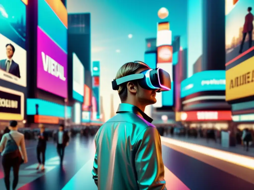 Persona usando gafas de realidad virtual avanzadas en una ciudad futurista llena de hologramas y pantallas de realidad aumentada, con un toque vintage