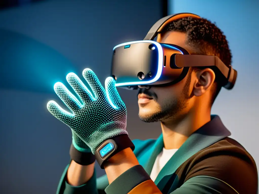 Persona con guantes hápticos inmersa en la historia de la realidad virtual en 8k, expresando asombro y conexión con el entorno virtual