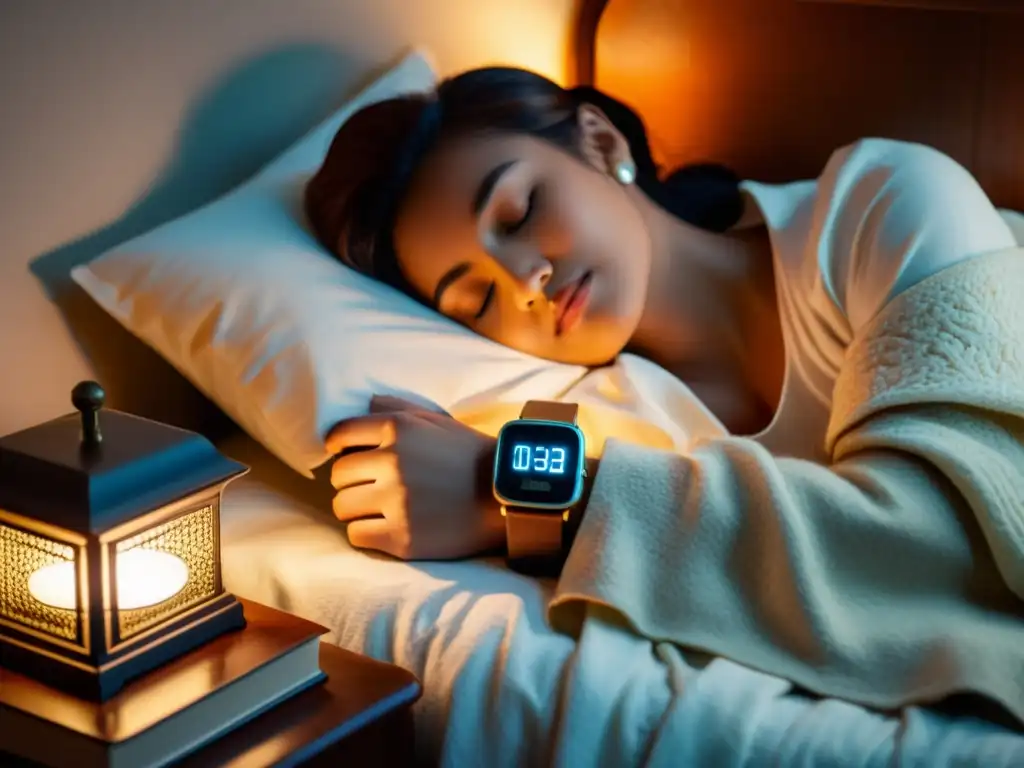 Persona durmiendo pacíficamente en una habitación vintage, con wearables para mejorar sueño en la muñeca