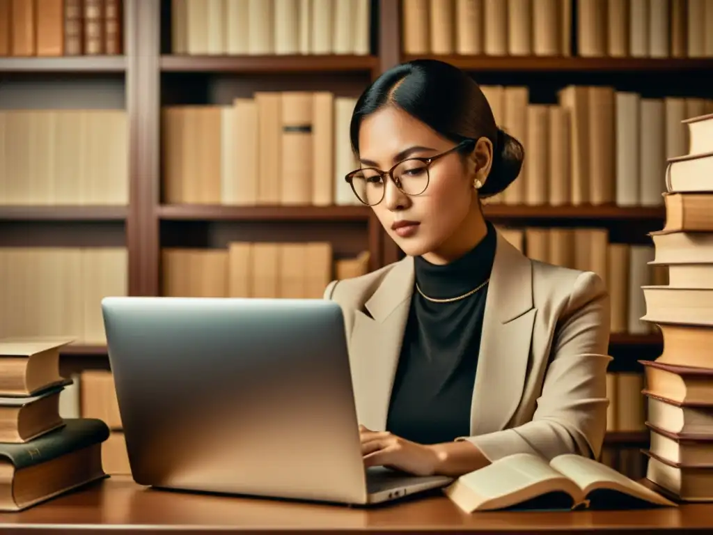 Persona inmersa en capacitación continua en LinkedIn Learning, rodeada de libros antiguos en un entorno cálido y acogedor