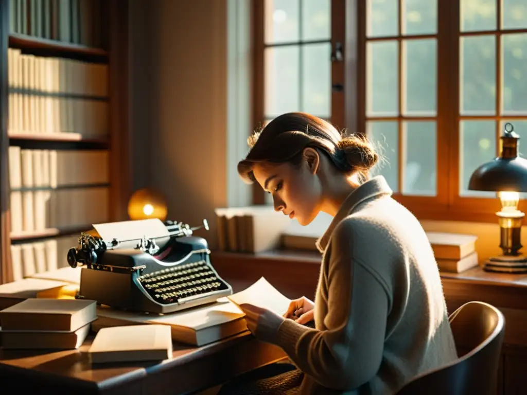 Persona escribiendo en máquina de escribir vintage rodeada de libros en una habitación acogedora iluminada por luz natural