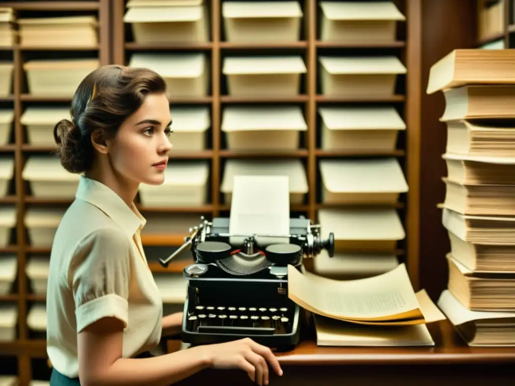 Persona interactuando con máquina de escribir vintage rodeada de libros, evocando interacción hombremáquina a lo largo de la historia