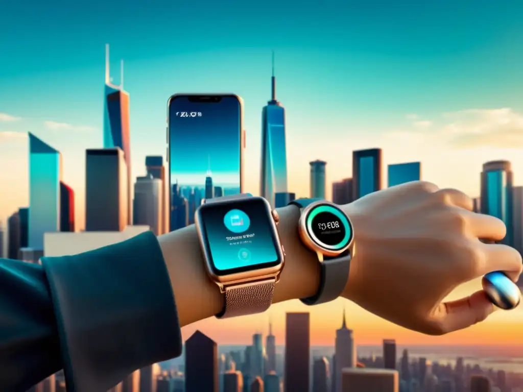 Integración Armoniosa: Vintage vs Persona con reloj clásico y dispositivos inteligentes integrados en una ciudad futurista