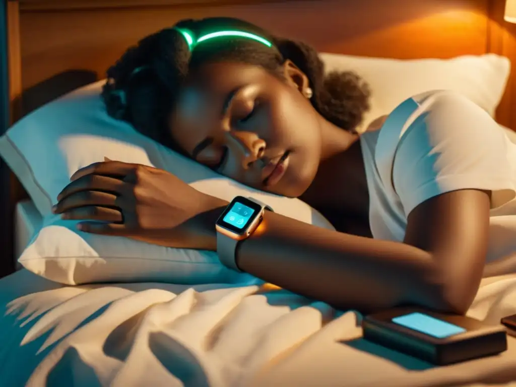 Persona durmiendo rodeada de dispositivos de seguimiento del sueño, mostrando la importancia de los wearables para mejorar el sueño