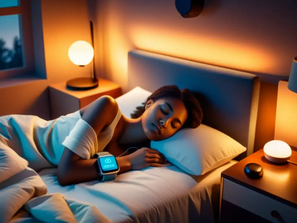 Persona durmiendo plácidamente rodeada de dispositivos wearables para mejorar el sueño en una habitación cálidamente iluminada