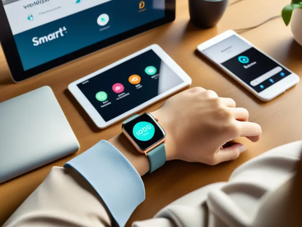 Integración tecnológica: pasado y presente en un vistazo Persona usando smartwatch junto a dispositivos inteligentes