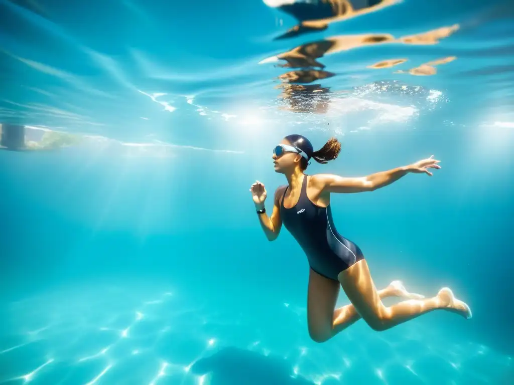 Persona con smartwatch a prueba de agua nada en piscina cristalina, capturando la fusión de tecnología y estilo de vida activo