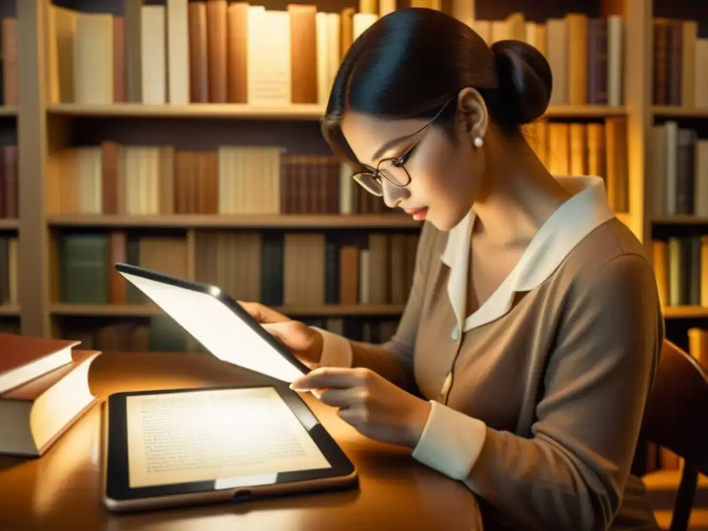 Una persona lee en una tablet rodeada de libros antiguos, evocando nostalgia y destacando los beneficios de la lectura digital