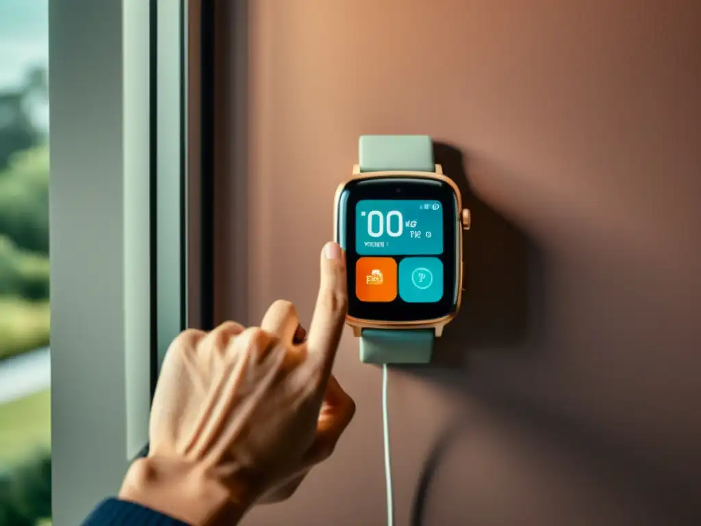 Casa inteligente vintage: ajuste de termostato con reloj inteligente Persona ajustando termostato en hogar inteligente con smartwatch, integración smartwatches con dispositivos inteligentes