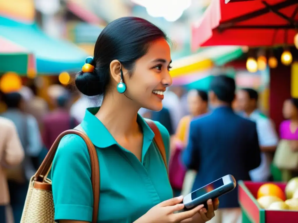 Persona usando un traductor portátil en un bullicioso mercado, rompiendo barreras lingüísticas