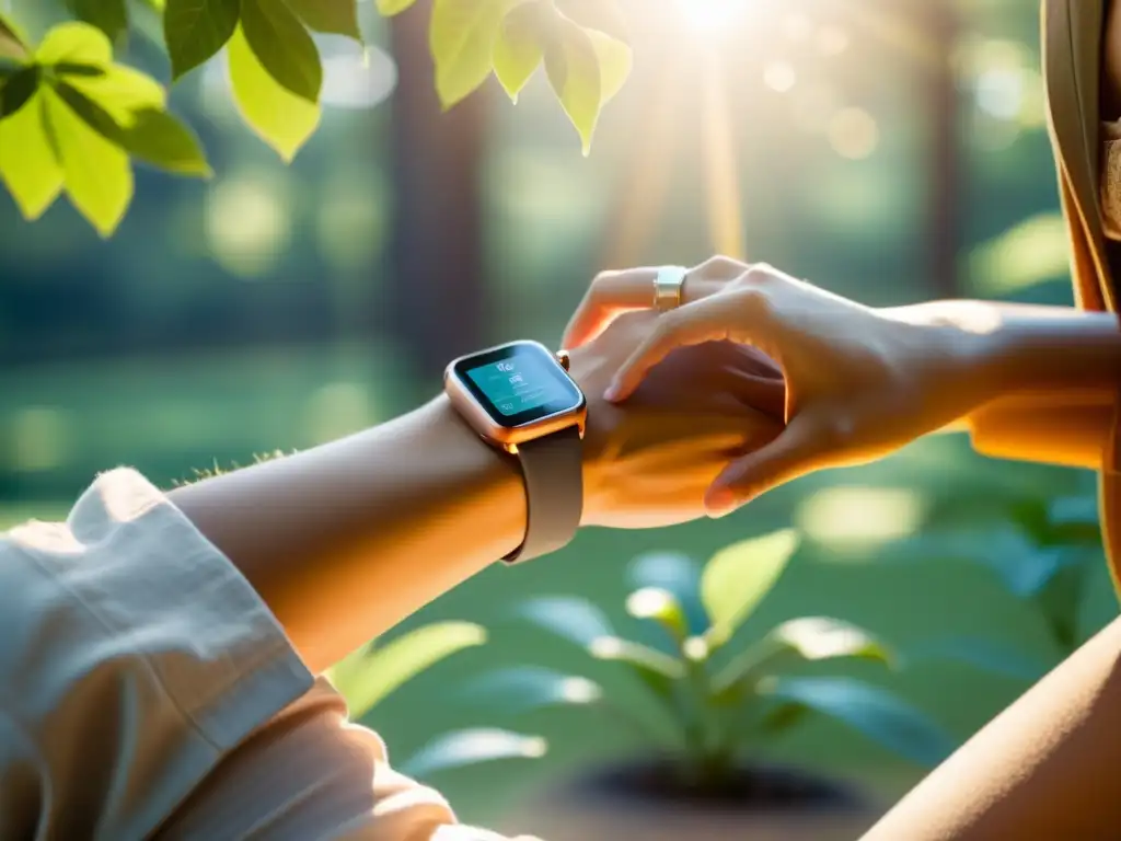 Persona practicando yoga al aire libre con smartwatch, en armonía con la naturaleza, mostrando el impacto de los smartwatches en la gestión del tiempo