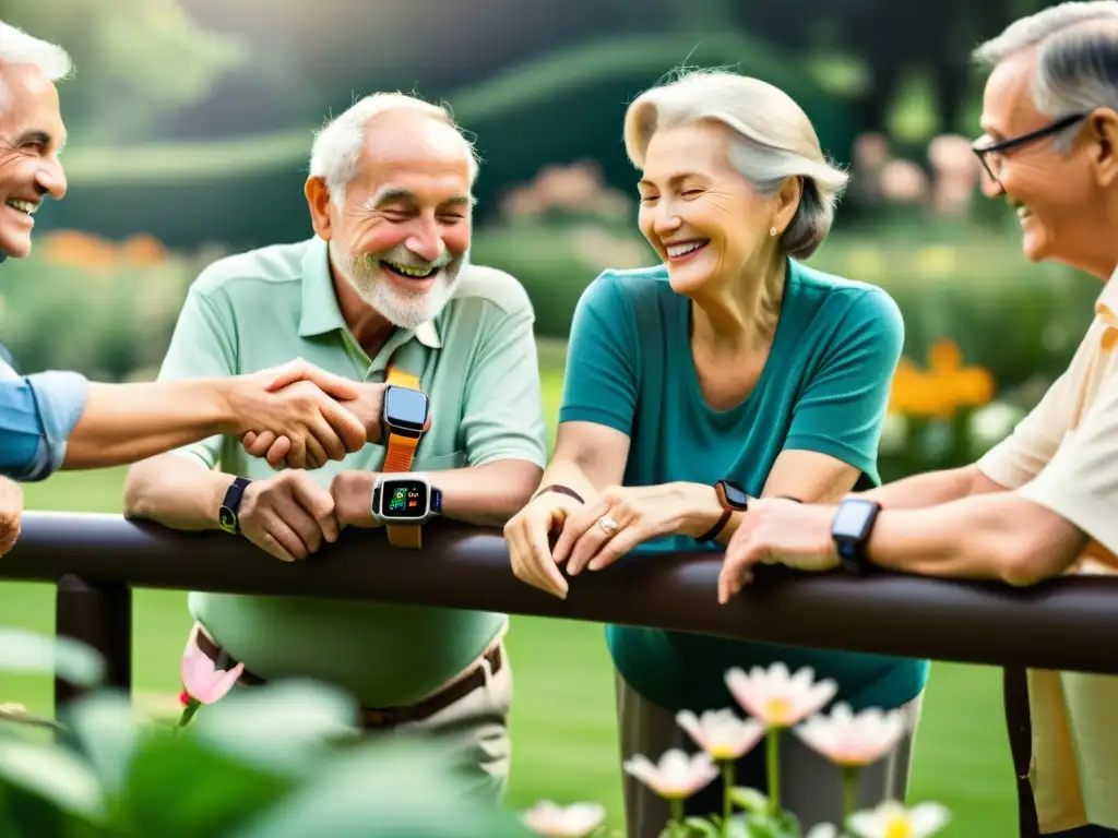 Personas mayores disfrutan de los beneficios de wearables en un jardín tranquilo y relajante