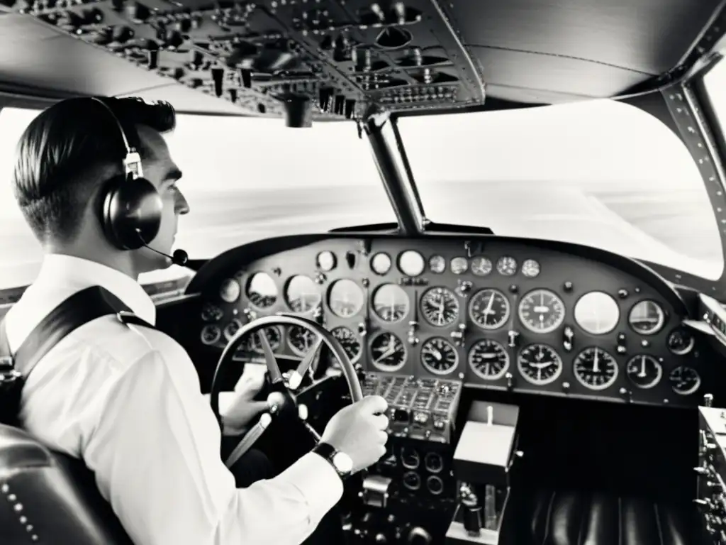 Un piloto concentrado en la cabina de un avión clásico, enfrentando los desafíos del piloto automático en vuelos autónomos