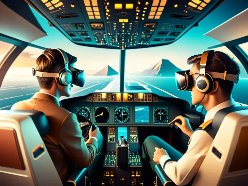 Dos pilotos en cabina, interactuando con tecnología futurista y pantallas de realidad virtual, evocando innovaciones en cabina tecnología vuelo