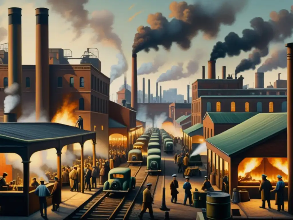 Una pintura vintage detallada en 8k de una bulliciosa ciudad industrial durante la Revolución Industrial, evocando el impacto en literatura y artes