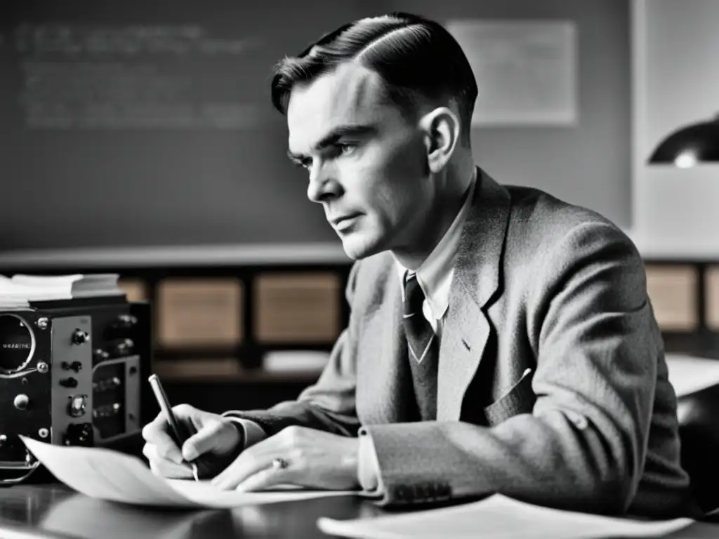 Pionero de la inteligencia artificial, Alan Turing, concentrado en su escritorio rodeado de tecnología vintage y papeles