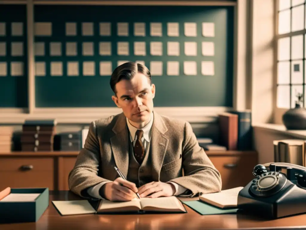 Pionero de la inteligencia artificial, Alan Turing concentra su mente en su oficina vintage, rodeado de papel y fórmulas matemáticas