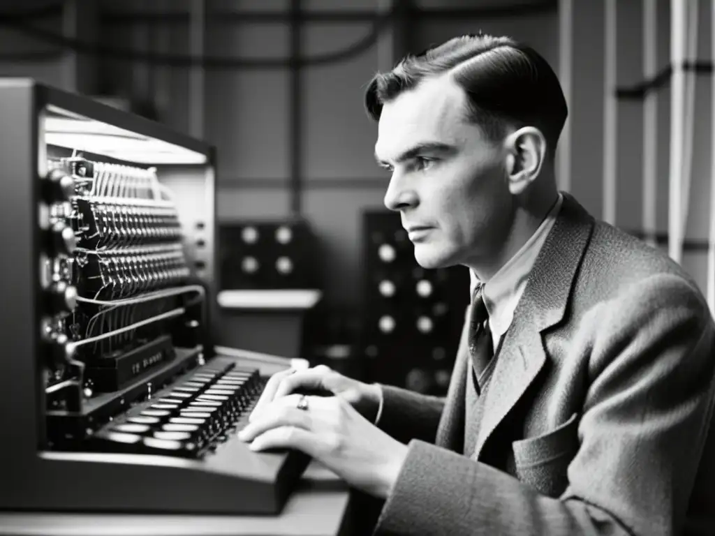 Alan Turing, pionero del origen de la inteligencia artificial, concentra su atención en una computadora vintage en un ambiente histórico y tecnológico