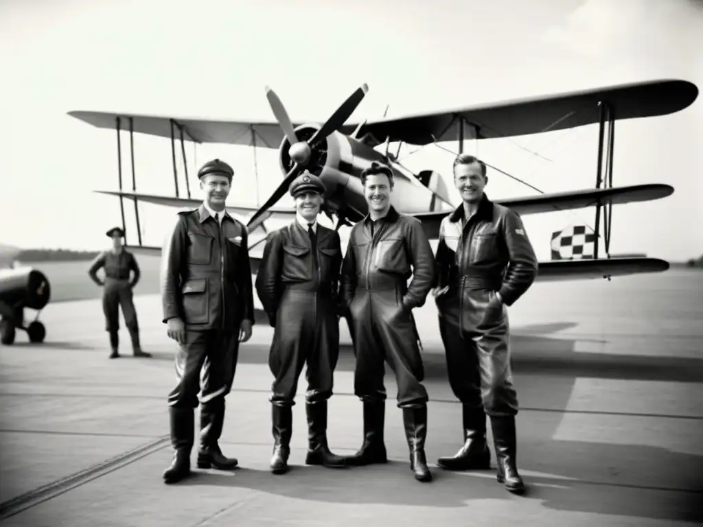 Pioneros de la aviación historia: Fotografía en blanco y negro de pilotos y biplano en antiguo campo de aviación, evocando valentía y espíritu pionero